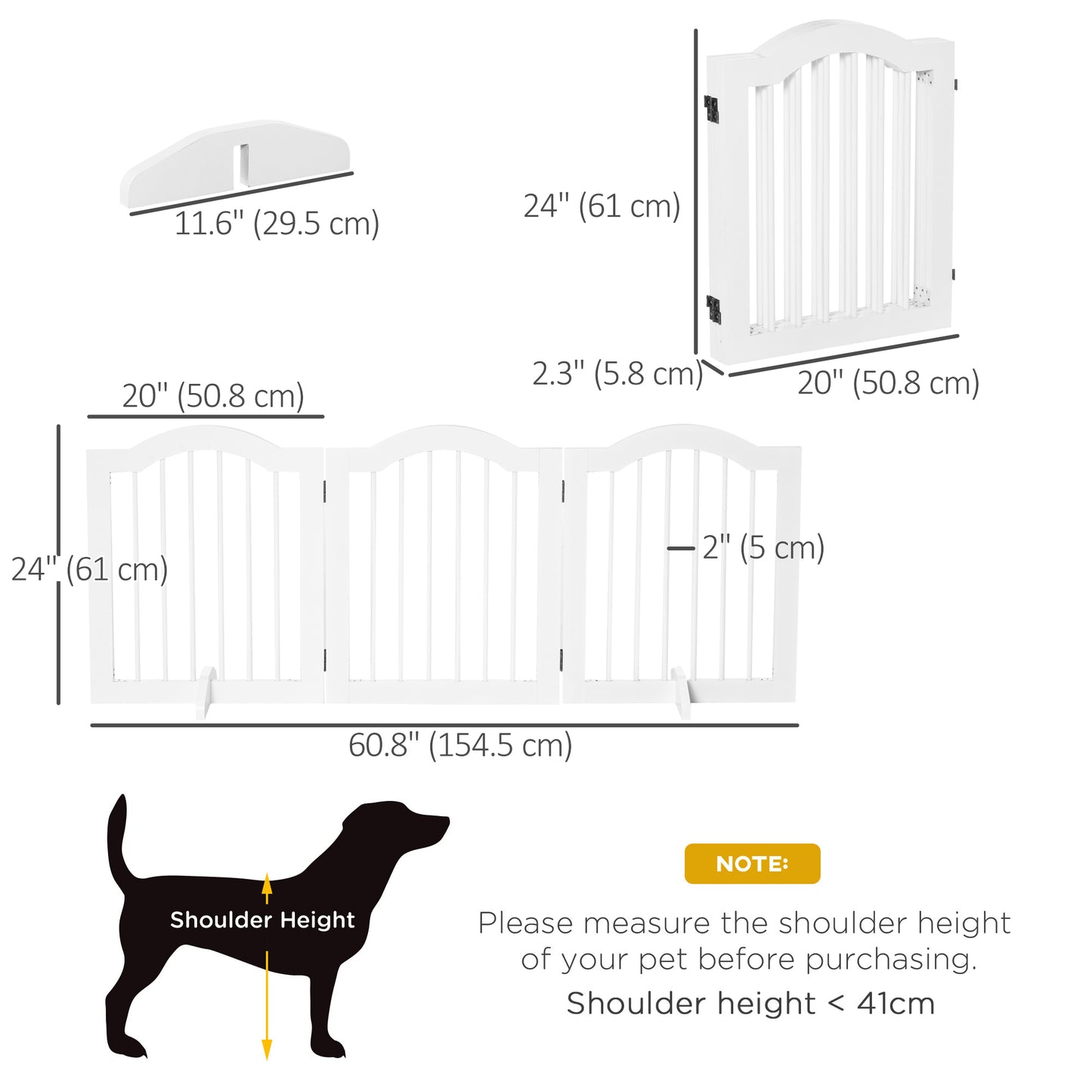 24"H Foldable Dog Gate, 3 Panels Freestanding Pet Gate Barriers Indoor with Support Feet, Puppy Fence for Small Dogs, Wh