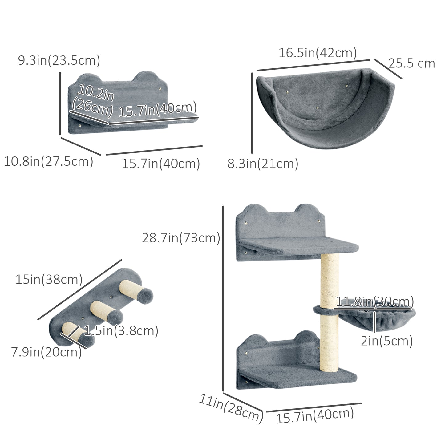 Cat Wall Shelves, 3PCs Cat Shelves with Hammock, Scratching Post, 3 Steps, Jumping Platforms, Wall Mounted Cat Climber, 