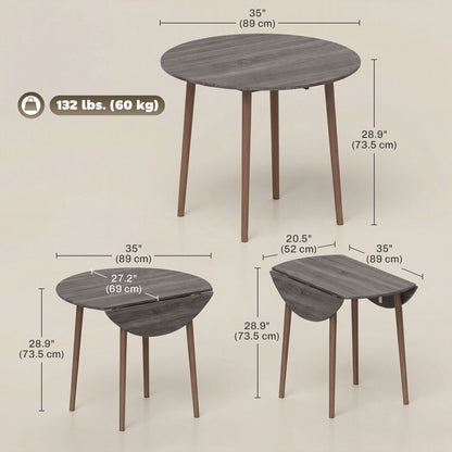 35" Folding Dining Table, Collapsible Drop Leaf Table with Round Tabletop, Wood Legs, Distressed Light Grey