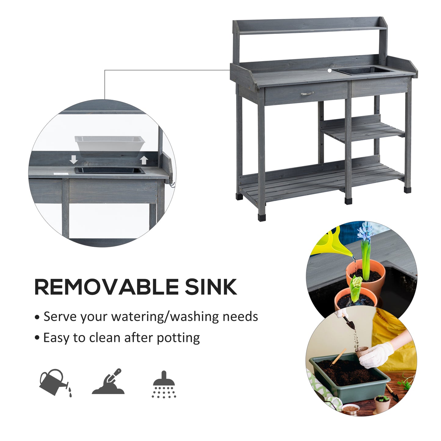 Potting Bench Table Garden Work Bench Workstation with Drawer, Removable Sink, Storage Shelves and Hooks for Patio, Cour