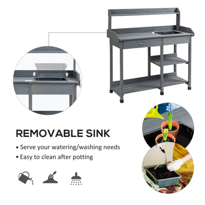 Potting Bench Table Garden Work Bench Workstation with Drawer, Removable Sink, Storage Shelves and Hooks for Patio, Cour