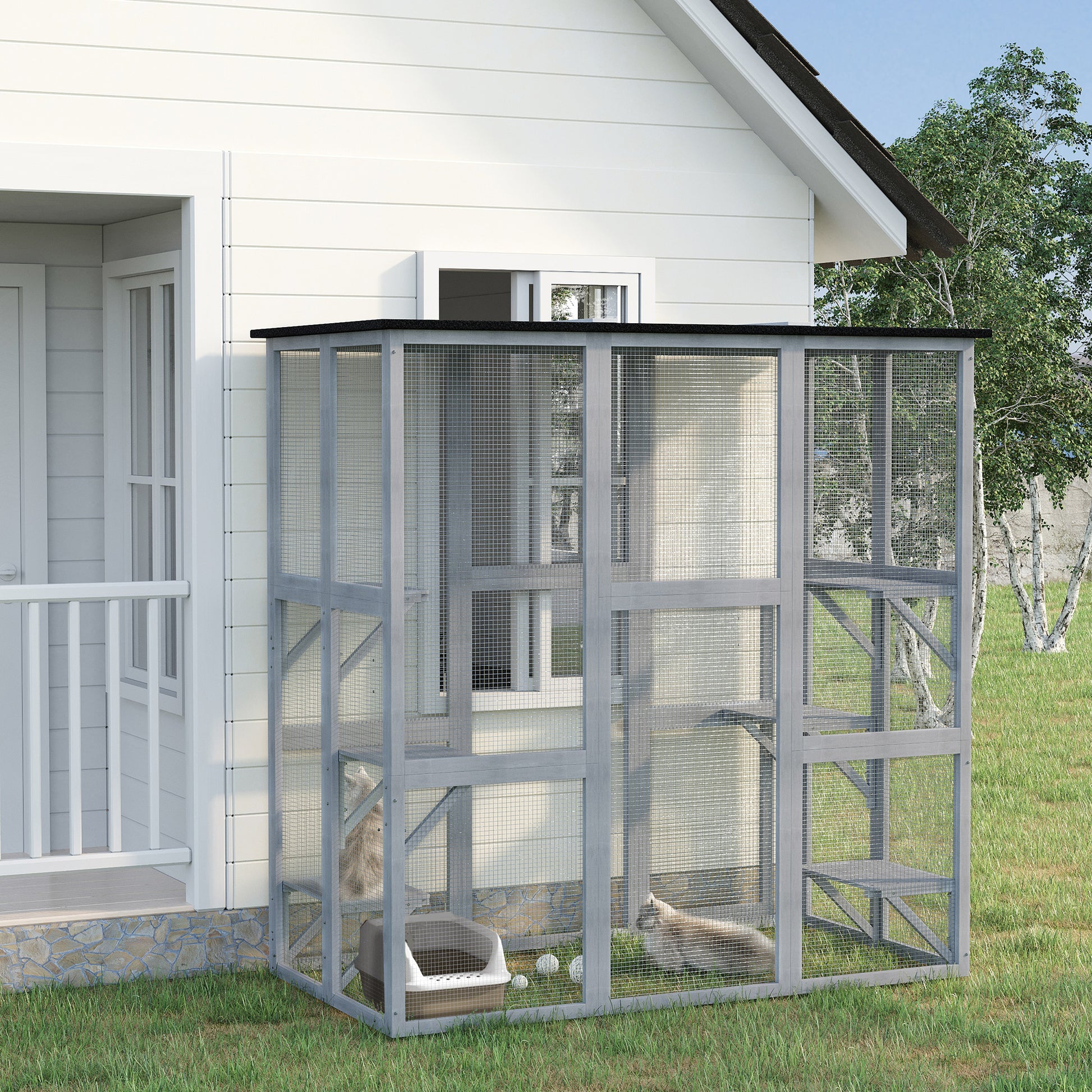 Large Outdoor Catio Enclosure, Weatherproof Cat House with Asphalt Roof,  Wooden Cat Patio Cage with 6 Balanced Platform