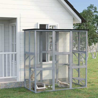 Large Outdoor Catio Enclosure, Weatherproof Cat House with Asphalt Roof,  Wooden Cat Patio Cage with 6 Balanced Platform