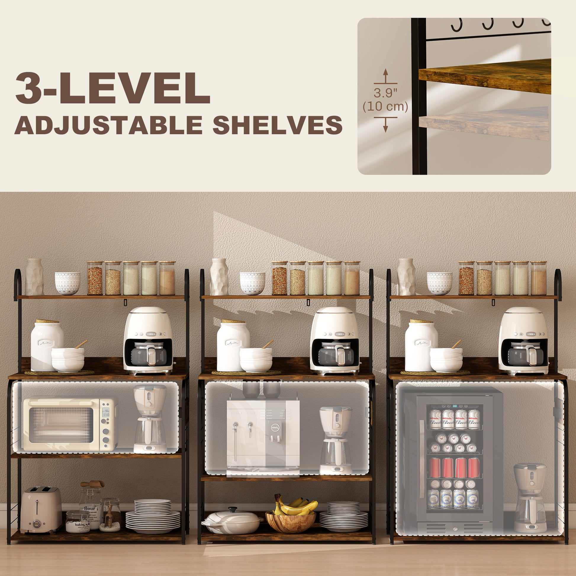 Baker's Rack with Charing Station, Microwave Shelf with Power Outlet, USB Charger and 4 Hooks, Rustic Brown