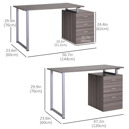 47" Computer Desk Writing Table Workstation with Multi-Use Reversible 3 Drawers Metal Frame Home Office Furniture, Dark 
