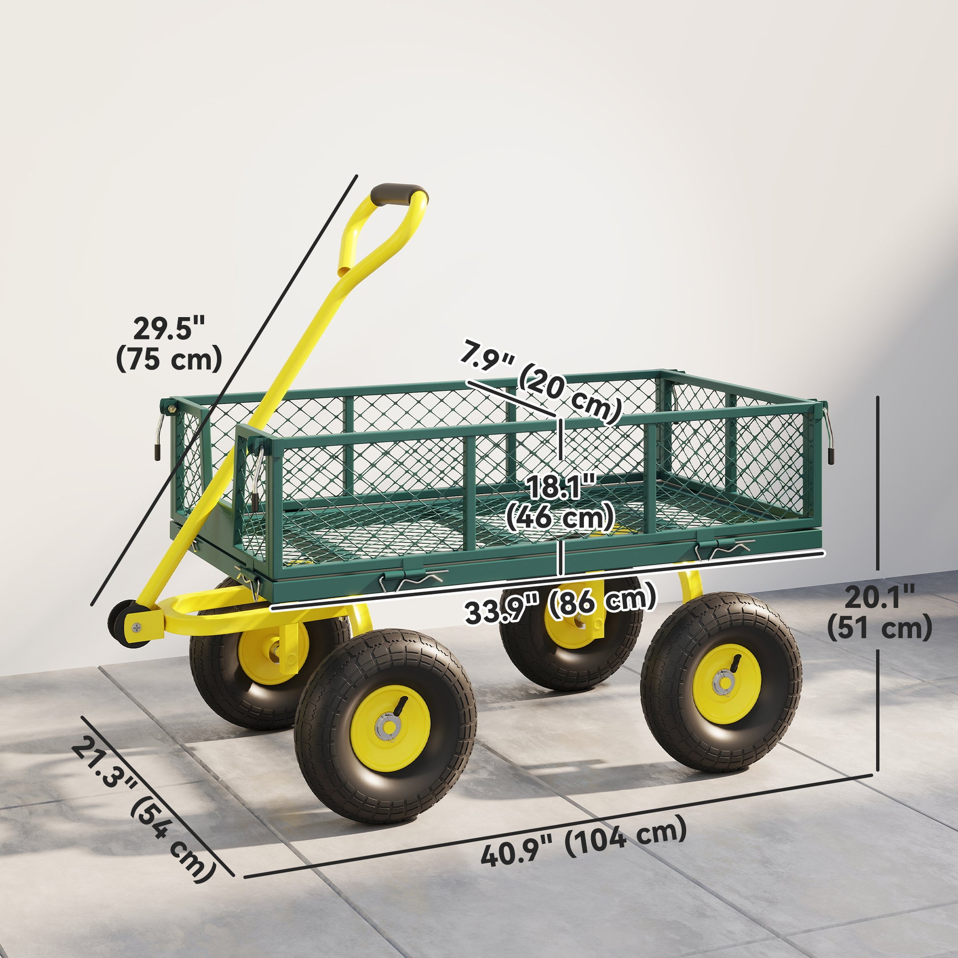 Garden Cart, Utility Wagon Cart with Removable Sides, Convert into Flatbed, 10" Wheels, 180° Rotating Handle, Green