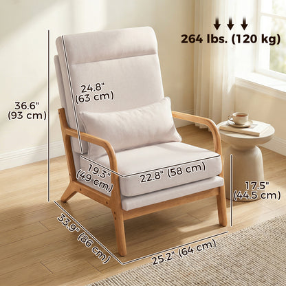 Modern Accent Chair, Linen Armchair with Lumbar Pillow, High Back, Wide Seat, Thick Cushion, Solid Wood Frame, Cream Whi