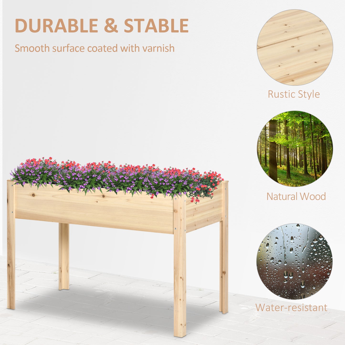 46'' x 24'' Raised Garden Bed, Wooden Elevated Planter Box with Non-Woven Liner for Vegetable, Flower, Herb in Patio, Ba