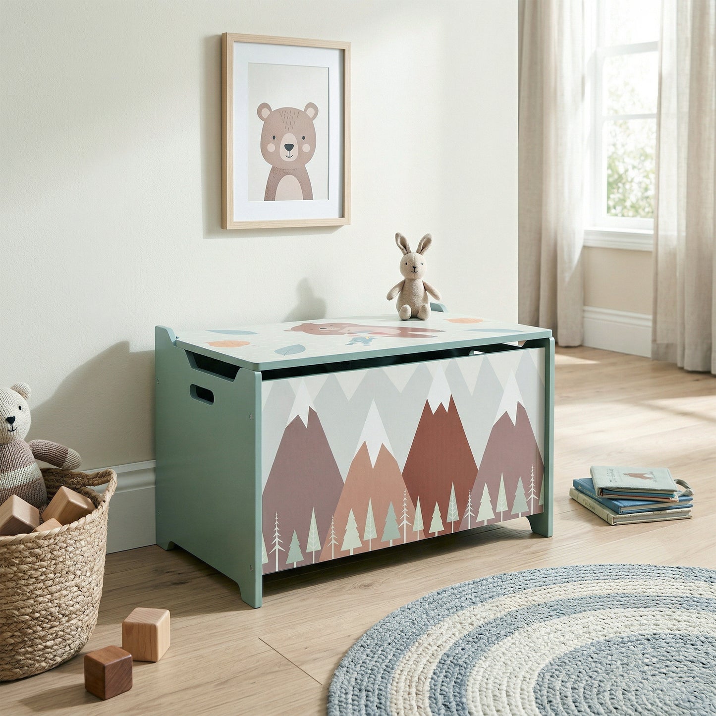 Qaba Toy Box, Kids Storage Chest with Lid, Safety Hinges and Groove Handles, Toy Storage Organizer with Mountain Pattern