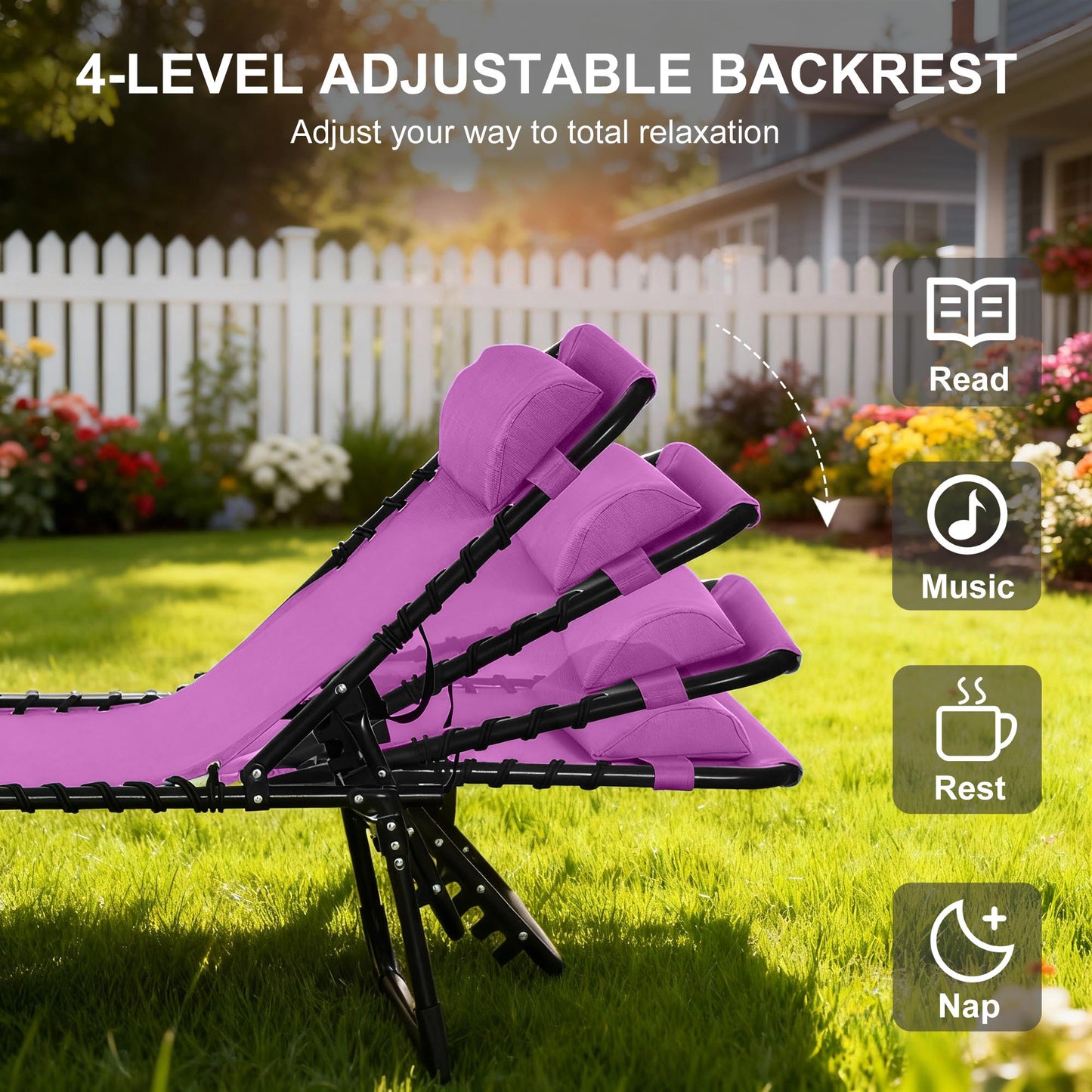 Outdoor Folding Lounge Chair, 4-Level Adjustable Chaise Lounge with Headrest, Tanning Chair Beach Bed, Reclining Lounger
