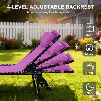 Outdoor Folding Lounge Chair, 4-Level Adjustable Chaise Lounge with Headrest, Tanning Chair Beach Bed, Reclining Lounger
