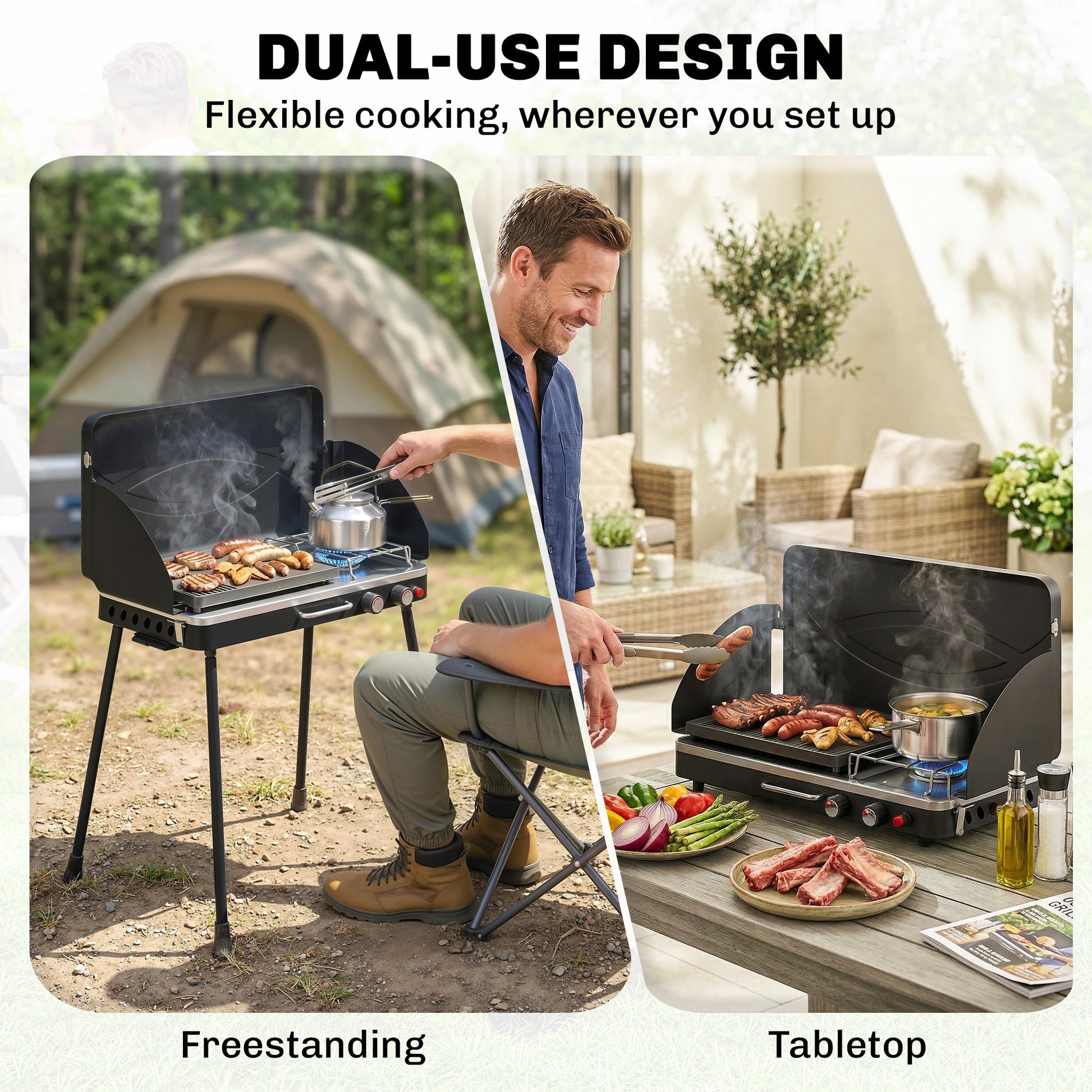 2-in-1 Camping Stove & Gas Griddle Combo, 20,000 BTU Portable Propane Grill with Detachable Legs, Wind Guards, Black
