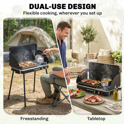 2-in-1 Camping Stove & Gas Griddle Combo, 20,000 BTU Portable Propane Grill with Detachable Legs, Wind Guards, Black
