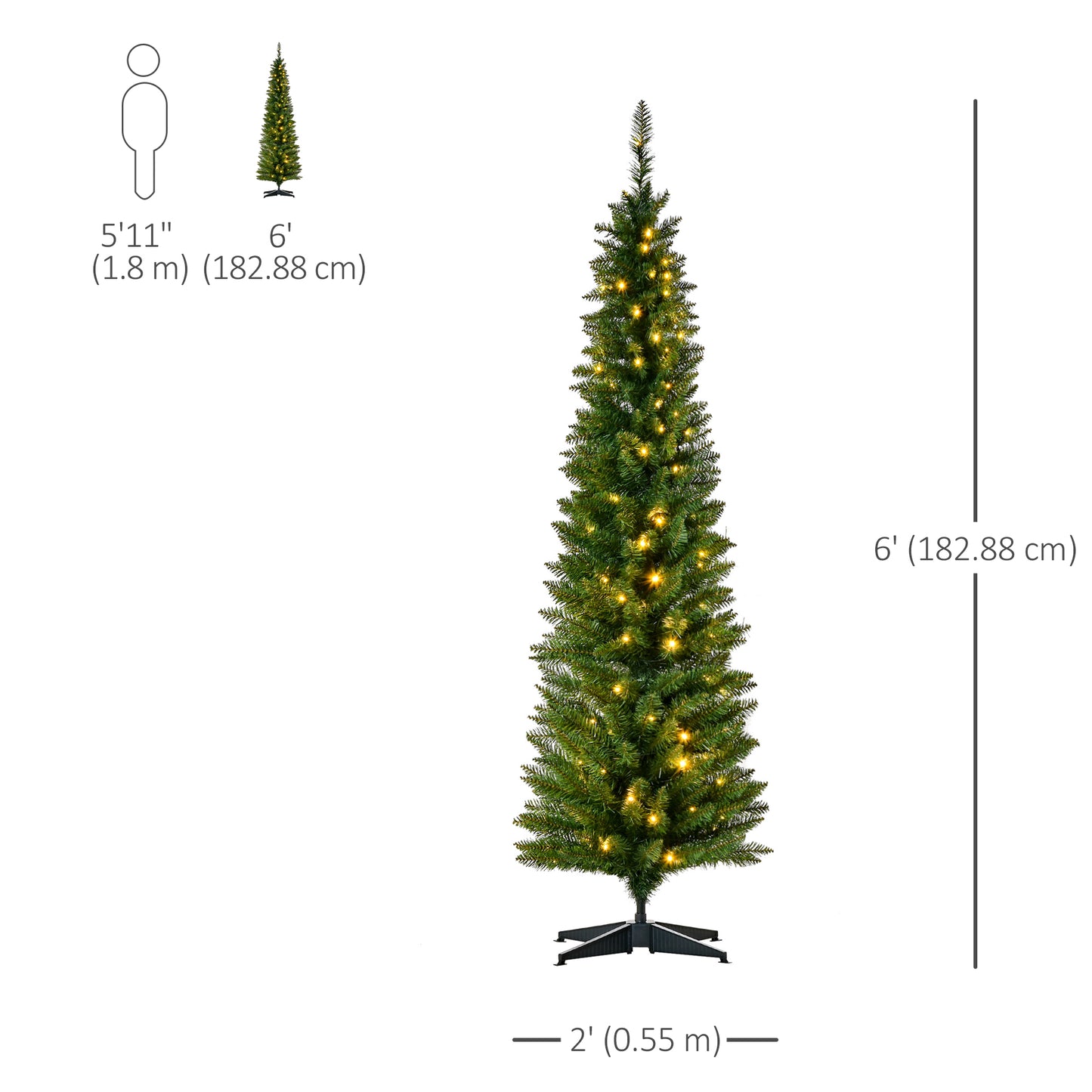 6' Pre Lit Artificial Pencil Christmas Trees, Xmas Tree with Realistic Branches and Warm White LED Lights, Green