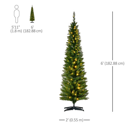 6' Pre Lit Artificial Pencil Christmas Trees, Xmas Tree with Realistic Branches and Warm White LED Lights, Green