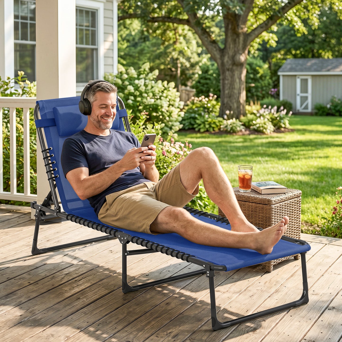 Outdoor Folding Lounge Chair, 4-Level Adjustable Chaise Lounge, Tanning Chair Beach Bed Reclining Lounger Cot for Campin