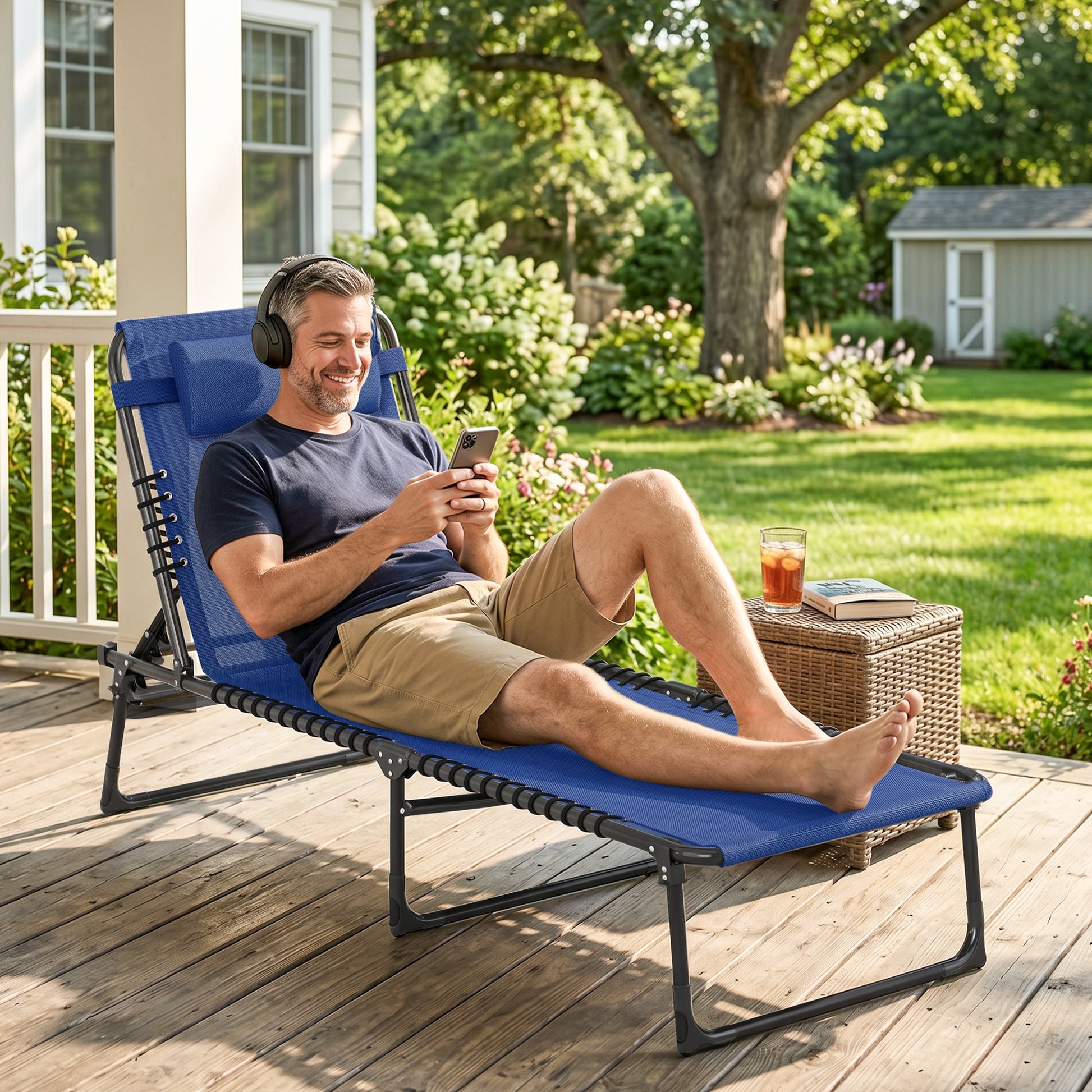Outdoor Folding Lounge Chair, 4-Level Adjustable Chaise Lounge, Tanning Chair Beach Bed Reclining Lounger Cot for Campin