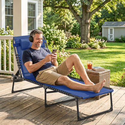 Outdoor Folding Lounge Chair, 4-Level Adjustable Chaise Lounge, Tanning Chair Beach Bed Reclining Lounger Cot for Campin