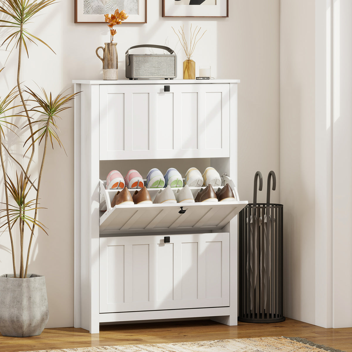 Slim Shoe Cabinet with 3 Flip Drawers, Shoe Storage Cabinet with Adjustable Shelves for Entryway, Holds 18 Pairs, White