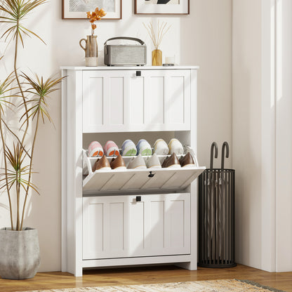 Slim Shoe Cabinet with 3 Flip Drawers, Shoe Storage Cabinet with Adjustable Shelves for Entryway, Holds 18 Pairs, White