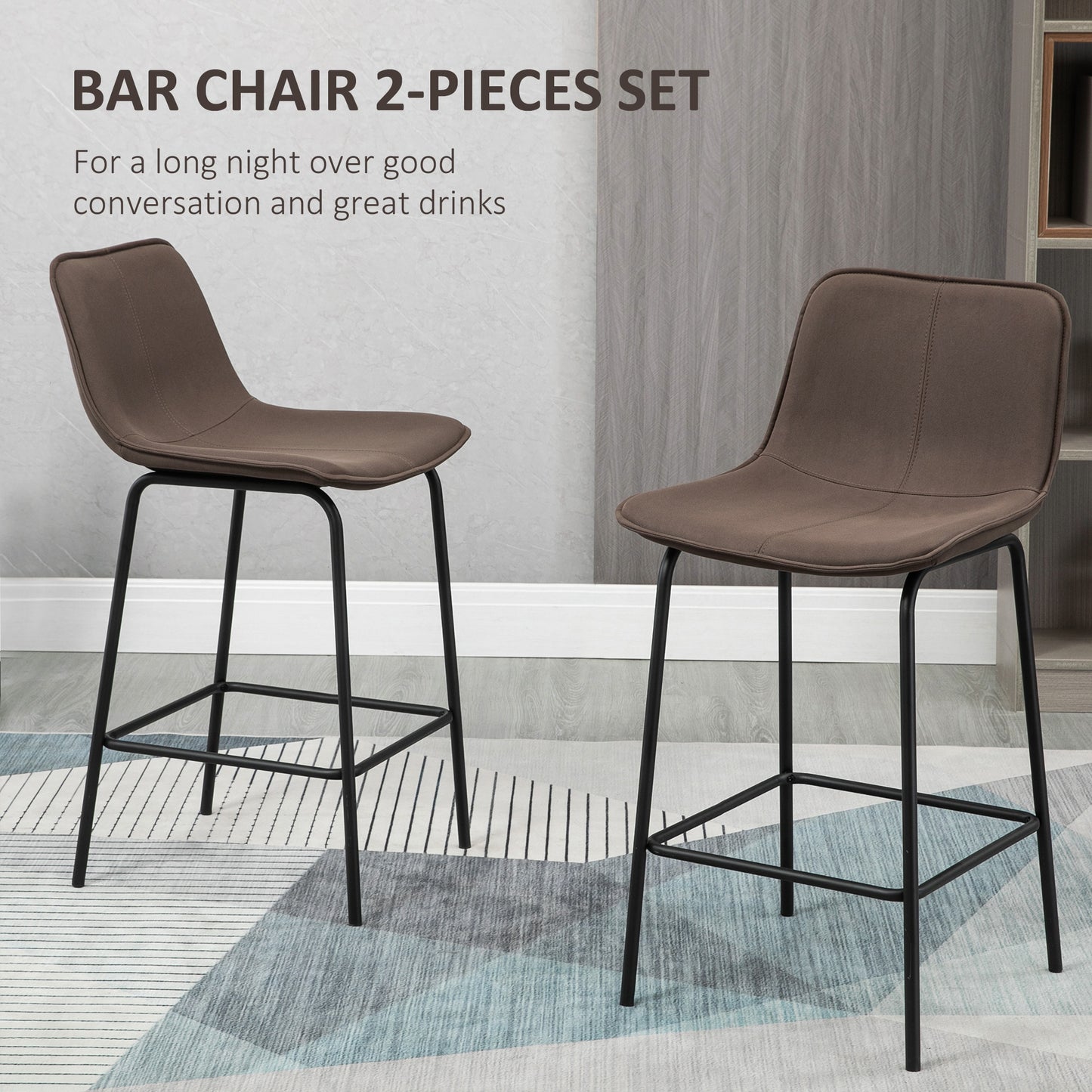 Bar Stools Set of 2, Upholstered Counter Height Bar Chairs, 26" (66 cm) Kitchen Stools with Steel Legs for Dining Area, 
