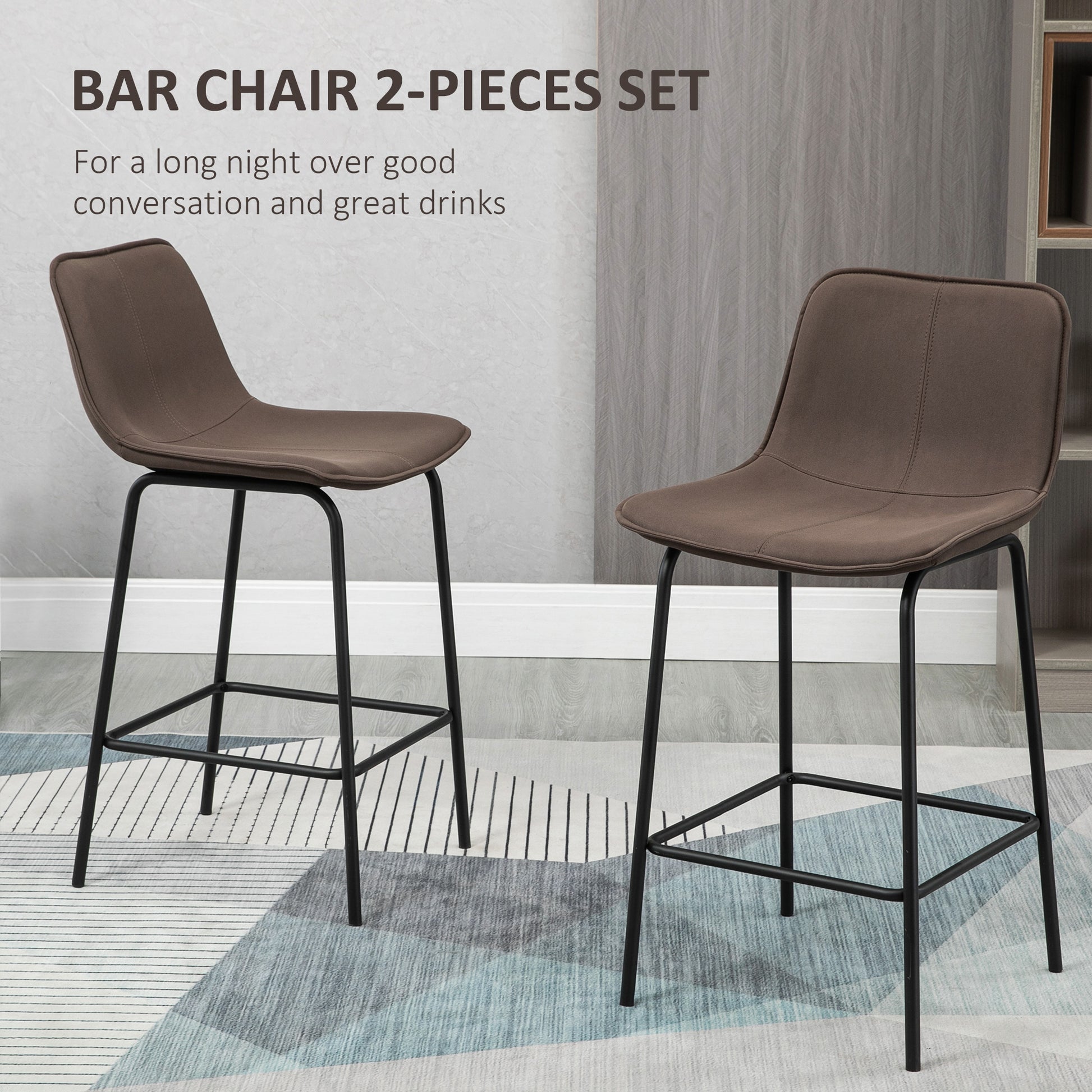 Bar Stools Set of 2, Upholstered Counter Height Bar Chairs, 26" (66 cm) Kitchen Stools with Steel Legs for Dining Area, 