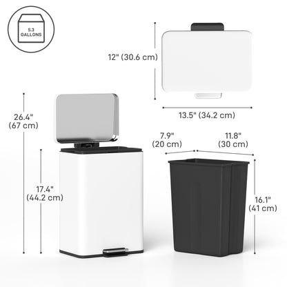 Garbage Bin, Soft-Close Trash Can with Foot Pedal, 5 Gallon (20 L) Garbage Can with Removable Inner Bucket, Cream White