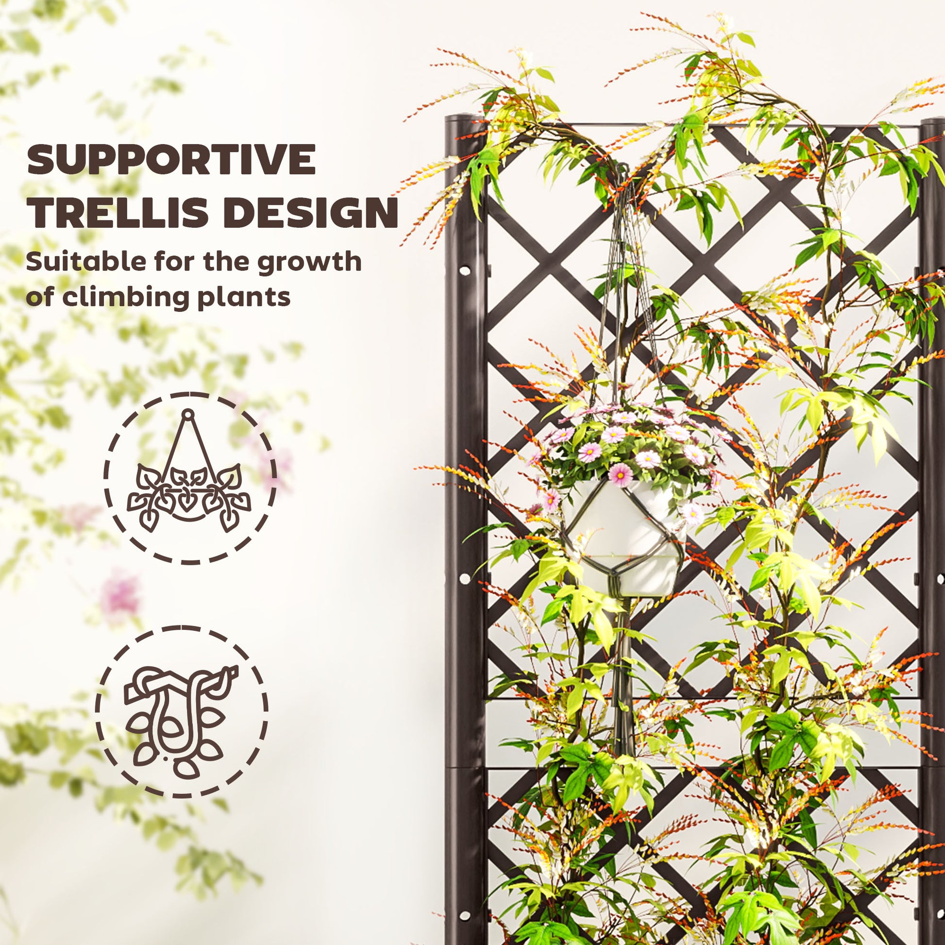 Raised Garden Bed with Trellis, Plastic Raised Flower Bed with Drainage Holes and Drain Plugs, 16" x 16" x 48"