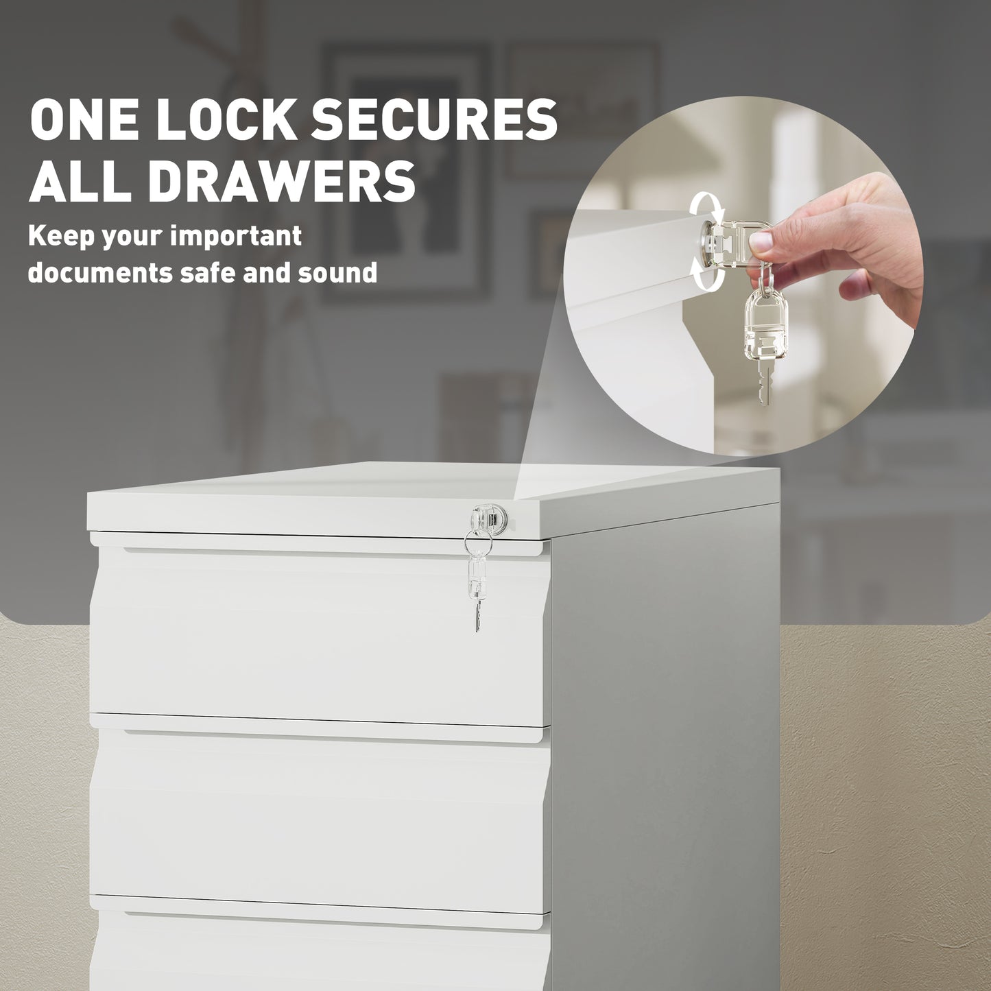 3 Drawer Filing Cabinet with Lock, Steel Office Storage Cabinet with Hanging Bar for A4, Legal, Letter Files, White