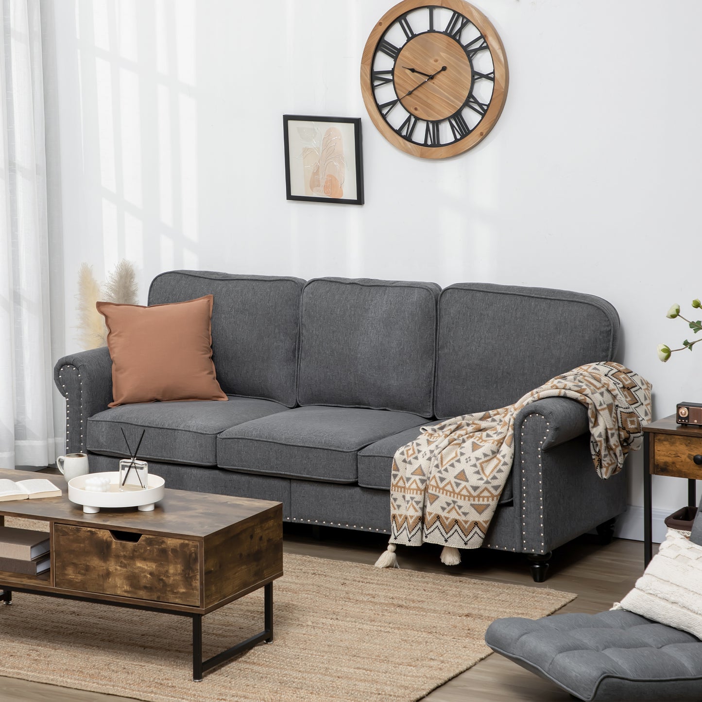 3-Seater Sofa Couch, 81" Modern Upholstered Linen Fabric Sofa with Rubberwood Legs, Nailhead Trim and Rolled Arms for Li