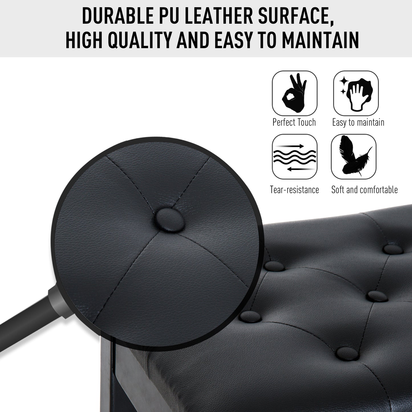 30" Piano Bench with Padded Cushion and Storage, Faux Leather Keyboard Bench with Solid Wood Legs, Black