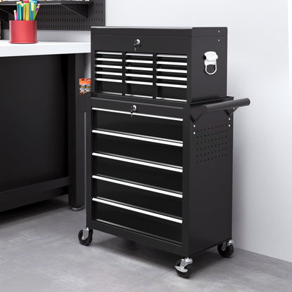 14 Drawer Rolling Tool Chest, Lockable Tool Storage Cabinet with Detachable Top Toolbox, Protective Liner, Black