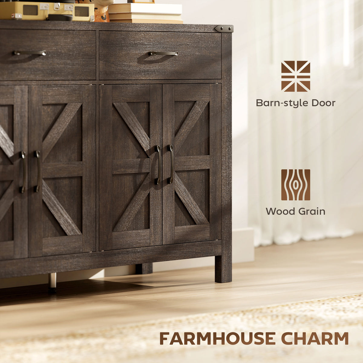 Sideboard Buffet Cabinet, Farmhouse Kitchen Storage Cabinet w/ 2 Drawers and Shelves for Living Room, Entryway