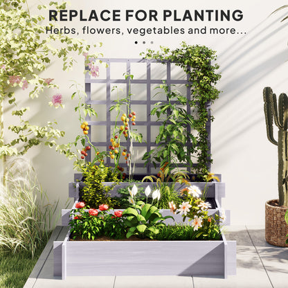 Wooden Elevated Planter Box with Trellis for Climbing Plants, 3 Tier Raised Garden Bed for Garden, Outdoor, Grey