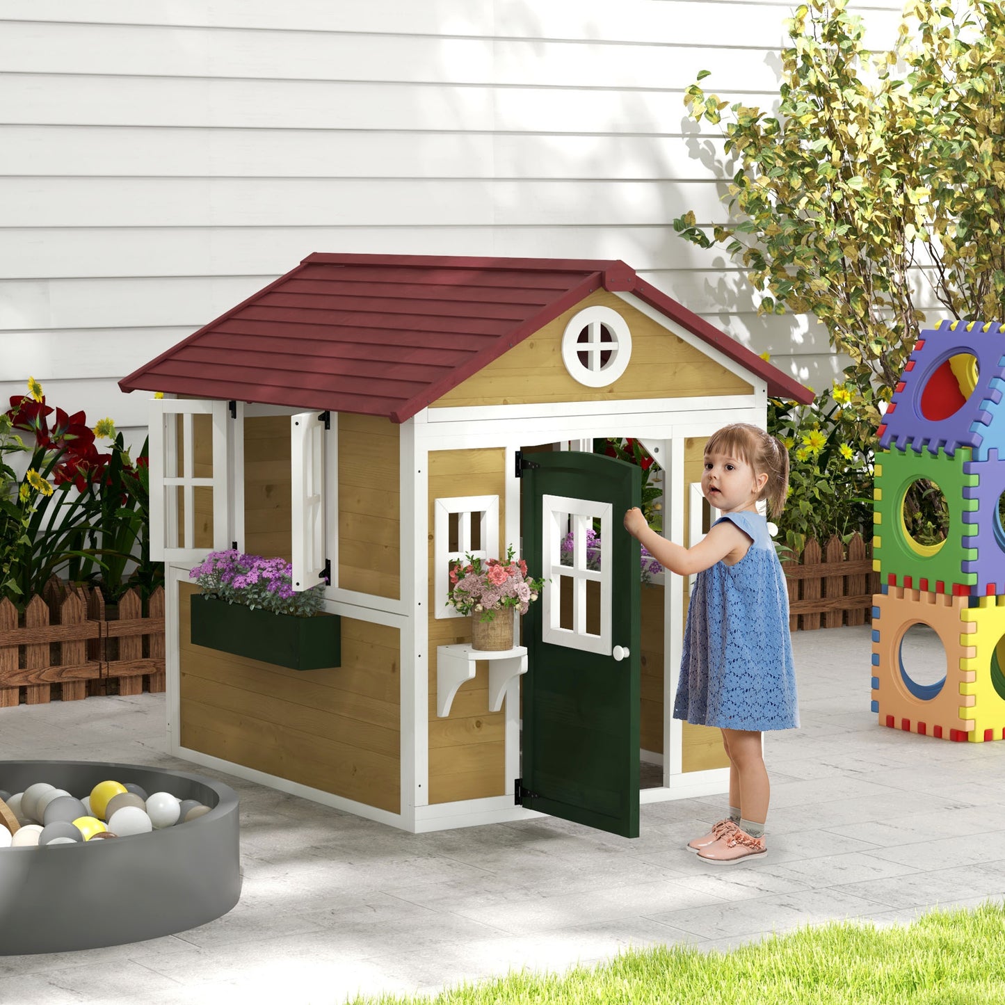 Kids Wooden Outdoor Playhouse for Toddlers aged 3–8, featuring Door, Windows, Planter Pots and Boxes, Garden Cottage Sty