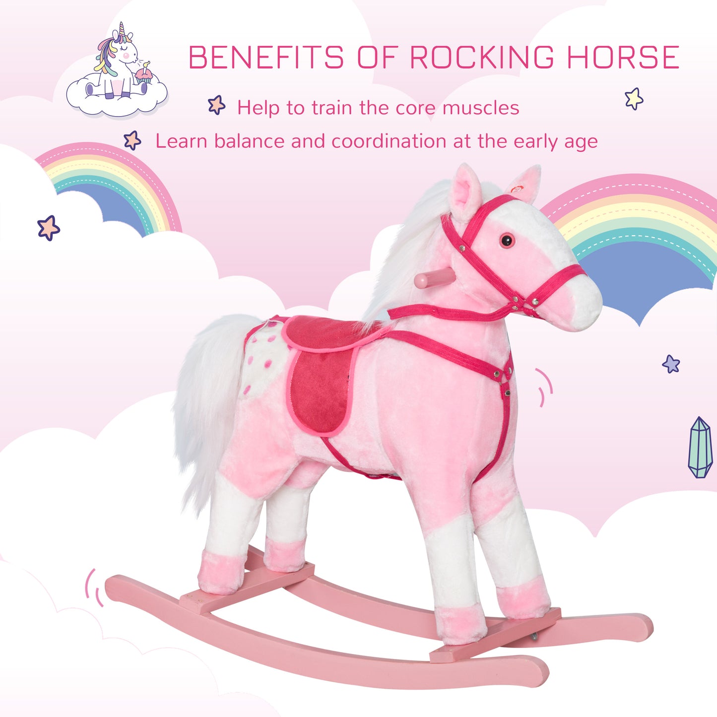 Qaba Rocking Horse Plush Pony Children Kid Ride on Toy w/ Realistic Sound (Light Pink)