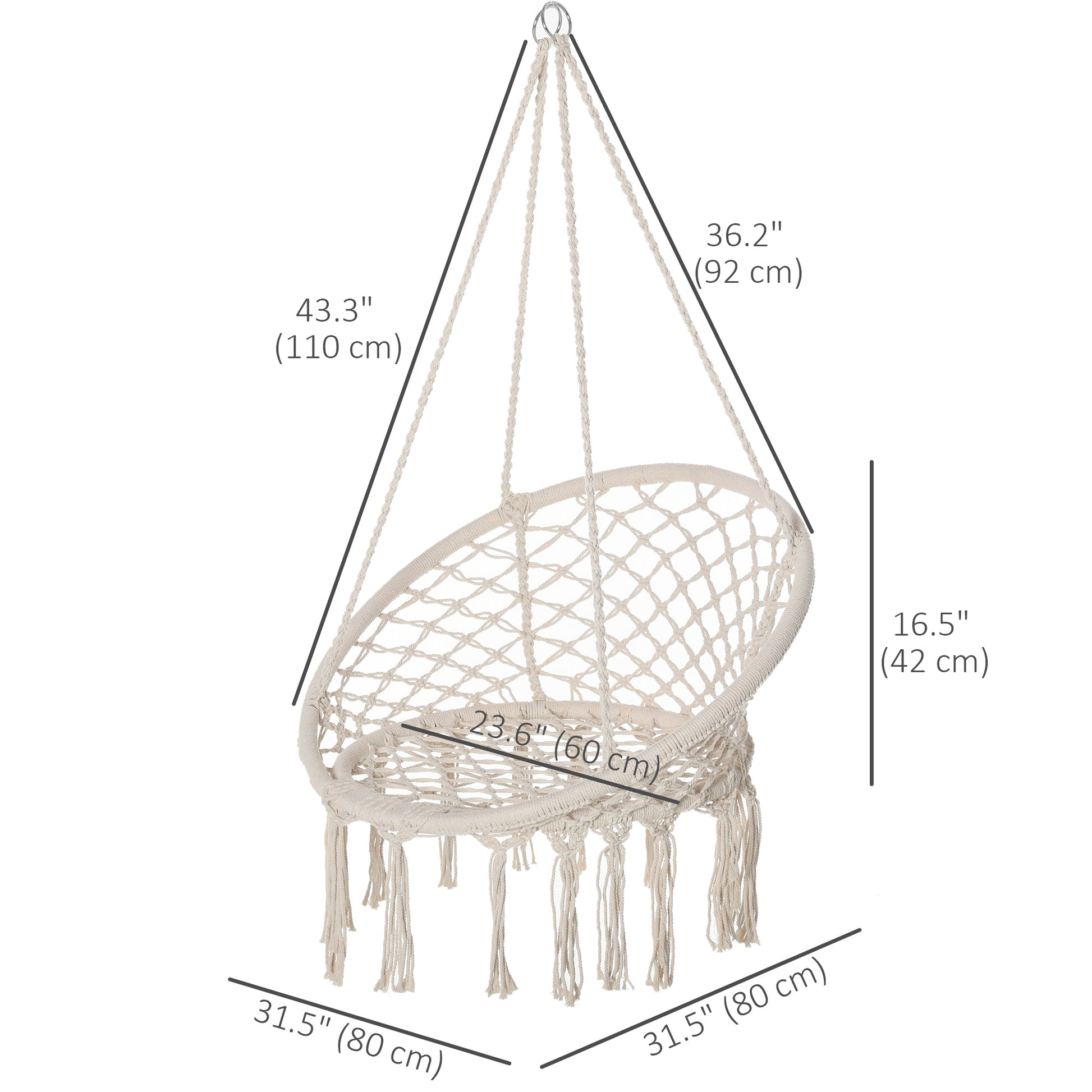 Patio Hammock Chair, Hanging Rope Hammock Swing for Indoor & Outdoor Use with Backrest, Cotton-Polyester Blend, Fringe T