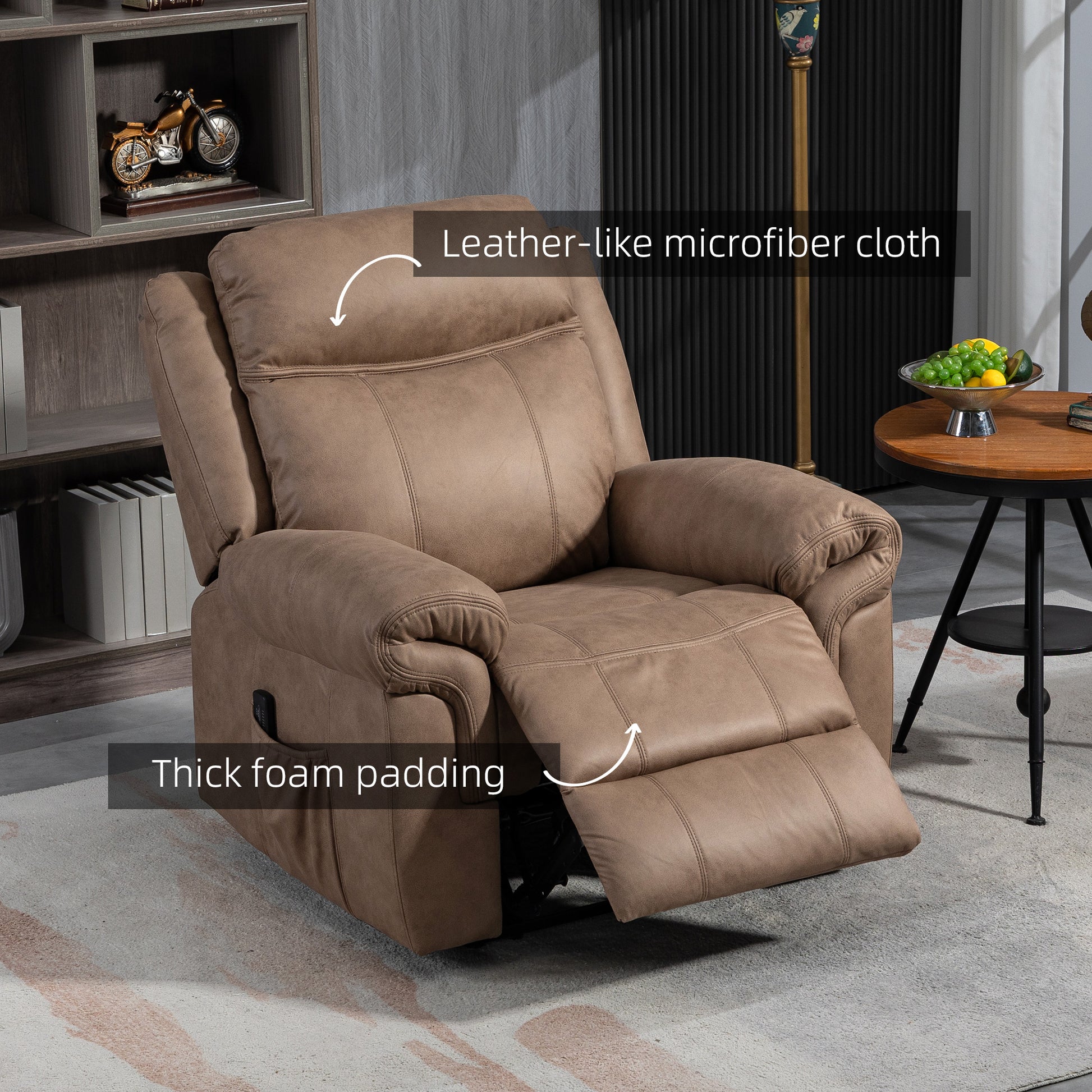 Manual Recliner Chair with Vibration Massage, Side Pockets, Microfibre Reclining Chair Nursing Chair for Living Room, Br