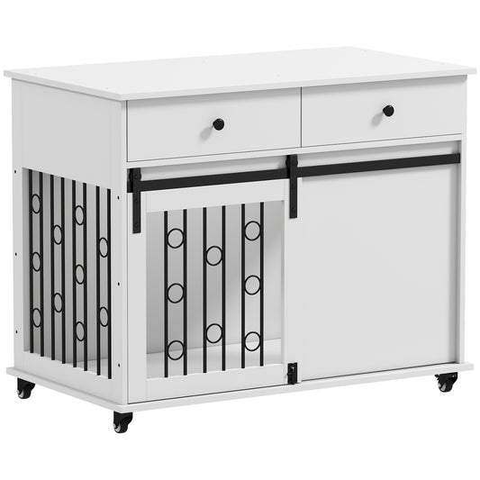 39" Dog Crate Furniture, Dog Kennel Indoor with 2 Drawers, Wheels, Sliding Door, Dog Cage for Medium Large Dogs, Oak