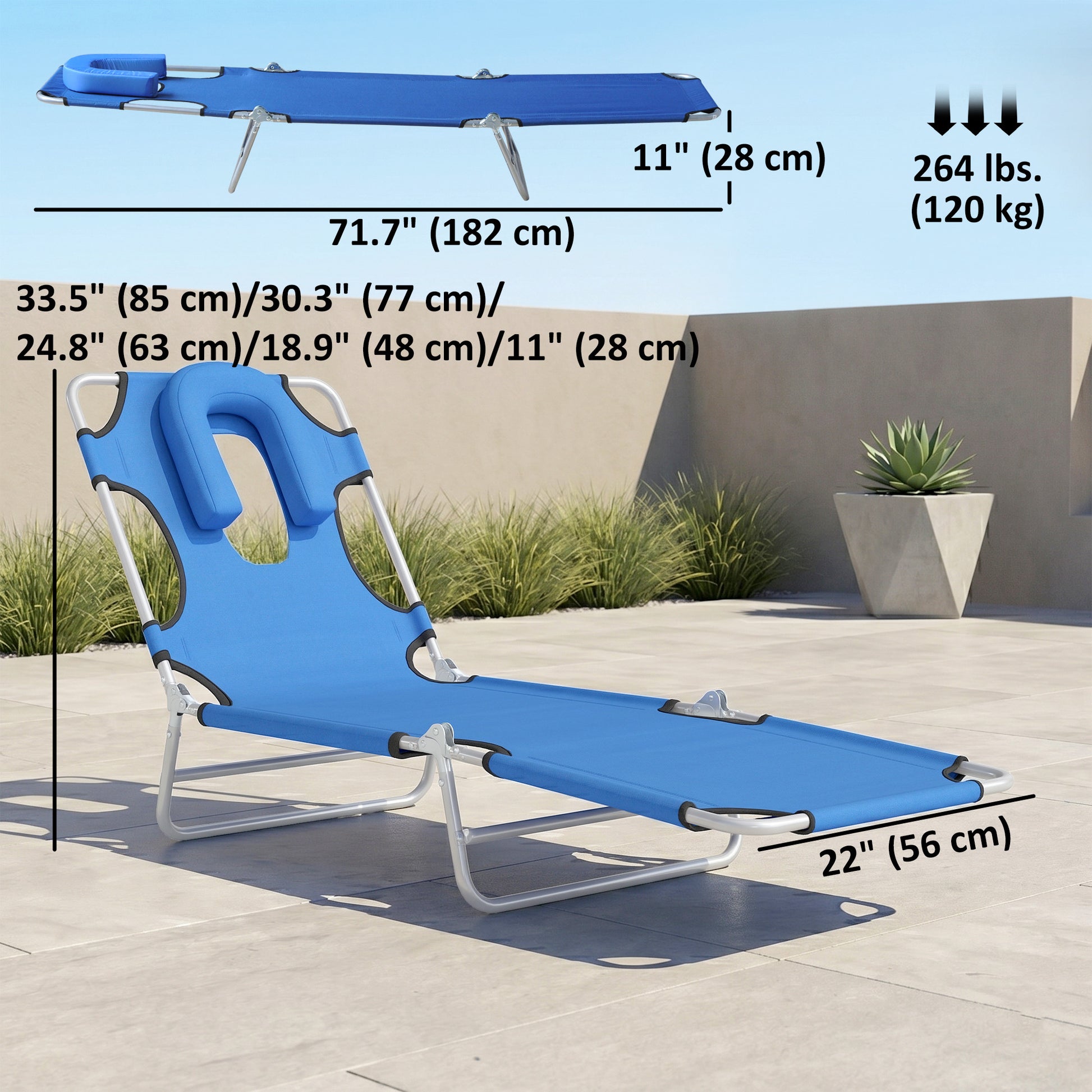 Folding Lounge Chair Outdoor, Tanning Chair with Face Hole Arm Slots, Beach Chaise Lounger with Pillow, 5-Position Adjus