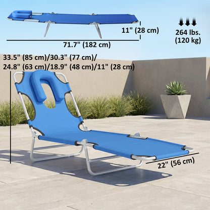 Folding Lounge Chair Outdoor, Tanning Chair with Face Hole Arm Slots, Beach Chaise Lounger with Pillow, 5-Position Adjus