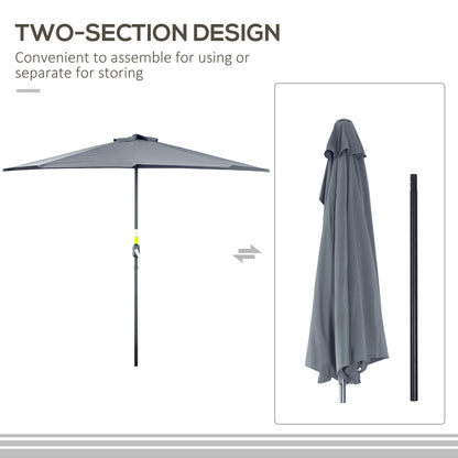 9ft Half Round Patio Umbrella, Outdoor Market Patio Table Umbrella Parasol with Crank Mechanism, 5 Ribs, Grey