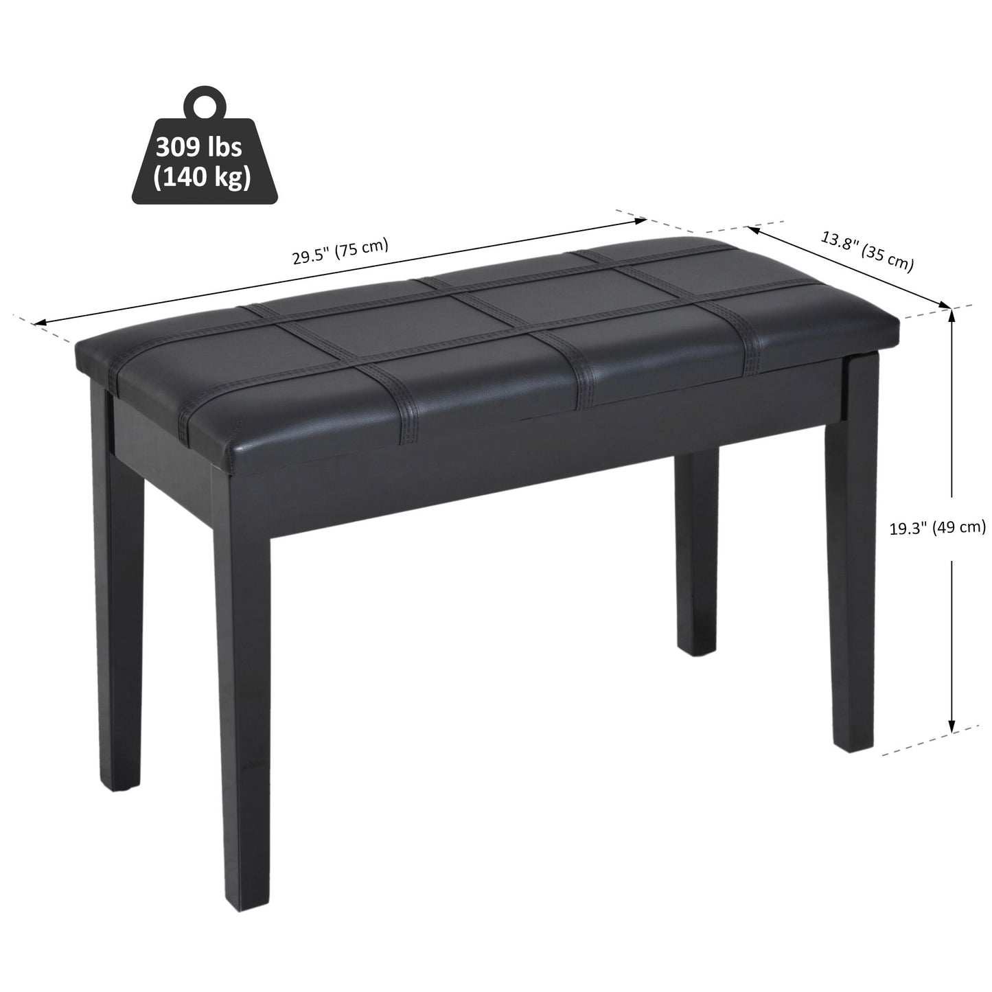 Classic Piano Bench Stool, PU Leather Padded Keyboard Seat with Rubber Wood Legs and Music Storage Compartment, Banded S