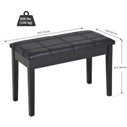 Classic Piano Bench Stool, PU Leather Padded Keyboard Seat with Rubber Wood Legs and Music Storage Compartment, Banded S
