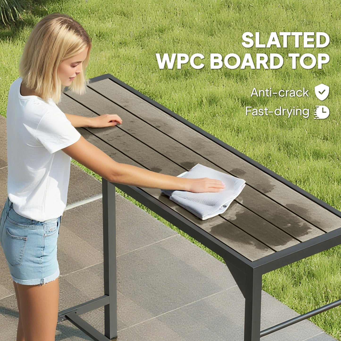 Bar Height Outdoor Table with Built-In Bottle Opener, Patio Bar Table with Wood Grain Plastic Top, 47.2" x 15" x 39"