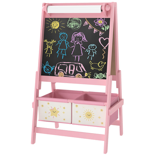 Qaba Art Easel for Kids, Double-Sided Whiteboard & Chalkboard with Paper Roll, 2 Storage Boxes, Gift for Boys, Girls, Pi
