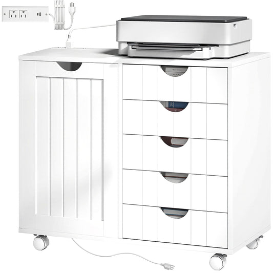 Mobile Lateral Filing Cabinet with 5 Drawers, Printer Stand with Power Outlets and USB Ports for Home Office, White