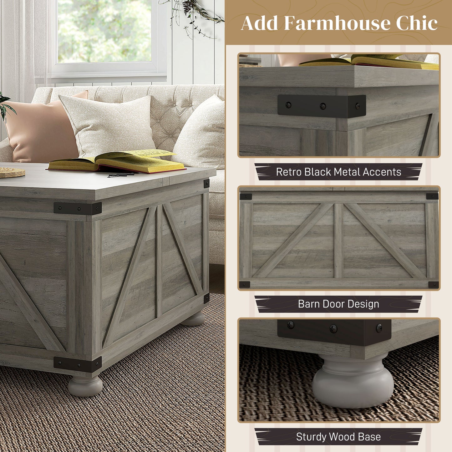 Farmhouse Coffee Table, Square Center Table with Flip-top Lids, Hidden Storage Compartment and Wooden Legs, Distressed G