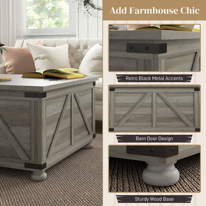 Farmhouse Coffee Table, Square Center Table with Flip-top Lids, Hidden Storage Compartment and Wooden Legs, Distressed G