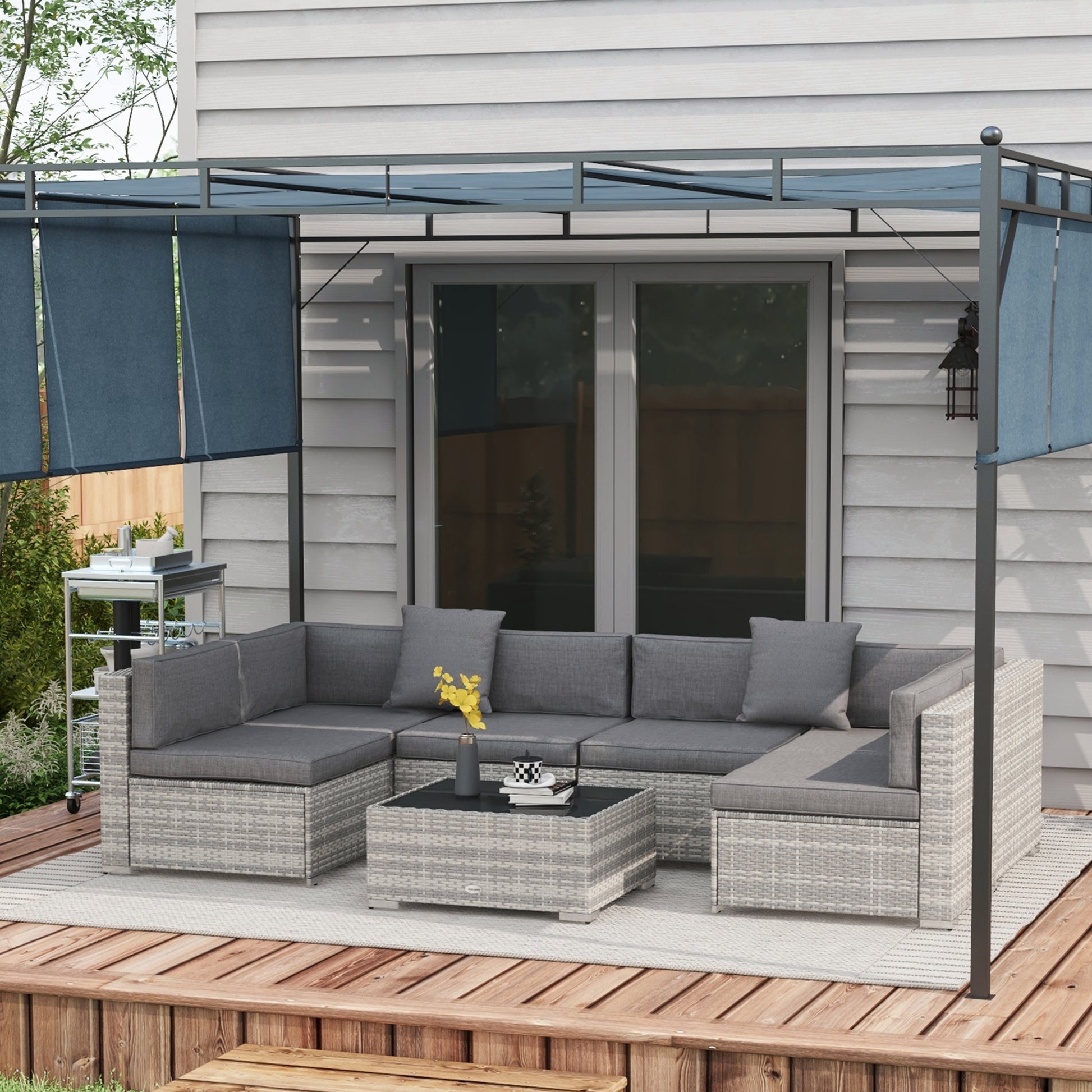 7 Pieces Patio Furniture Set, Rattan Conversation Set Garden Wicker Sofa Set with Washable Cushions and Coffee Table, Gr